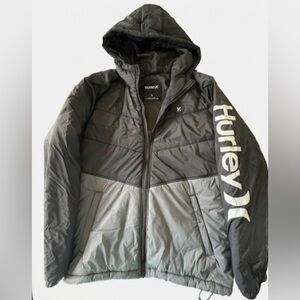 Hurley Men's Black and Gray Hooded Puffer Jacket with Sleeve Logo
